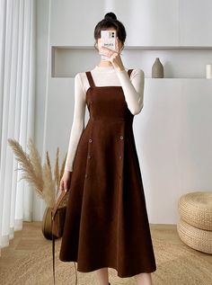 Corduroy Suede Double Button Cami Dress (2 Colors) Stylish Outfits 2024 Autumn, Cute Modest Outfits Aesthetic, Suede Midi Dress, Skirt Tulle, Simple Frocks, Modesty Outfits, Modest Dresses Casual, Quick Outfits, Ideas Outfit