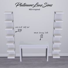 a white table sitting in front of a wall with writing on it and shelves behind it