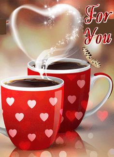 two red coffee mugs with hearts on them and the words for you written in white