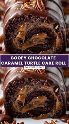 chocolate caramel turtle cake roll with pecans on top