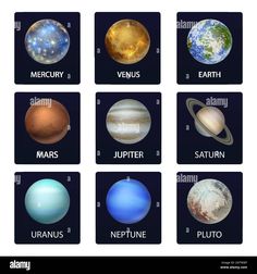 the solar system with eight planets and their names on it - stock image, clipping