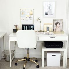 a white desk with some pictures on it