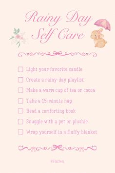 Embrace the cozy vibes of rainy days with this self-care checklist. Perfect for unwinding and taking care of yourself when the weather calls for relaxation and comfort. Sick Self Care, Self Care Bath Ideas, Things To Do On A Rainy Day, Self Care Day Checklist, Self Care Basket Ideas, Period Self Care, Self Care Day Ideas, Self Care Checklist, Self Care Day