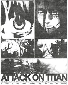 an advertisement for attack on titan, with images of the characters in black and white