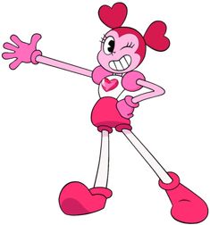 an animated pink girl with hearts on her head and arms, holding out her hands