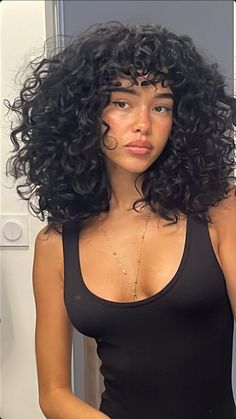 Curly Haircut Reference, 3b Short Curly Hair Bangs, Curly Layered Haircuts Mid Length, Black Curly Hair Bangs, Poc Curly Hair, Curly Hair Cuts Volume, Thick Curly Bangs, Short Curly Hair Volume, Bangs In Curly Hair