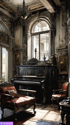 an old piano is in the middle of a room with large windows and ornate furniture