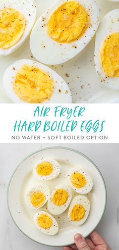 hard boiled eggs on a white plate with text overlay