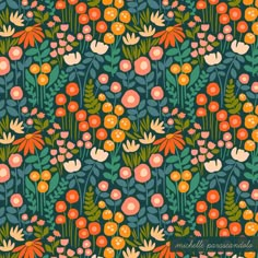 an orange and green floral pattern on a dark background with leaves, flowers, and berries