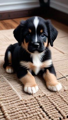 a black and brown puppy sitting on top of a rug