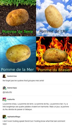 the potato is on fire and has four different pictures above it with captions in french