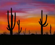 a painting of cactus silhouettes at sunset