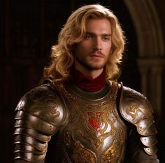 a man with long blonde hair wearing armor