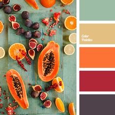 the color palette is orange, green, and purple with some fruit on it to be used for food photography