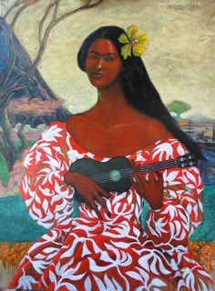 a painting of a woman in a red and white dress holding a ukulele