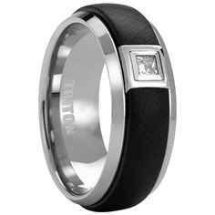 Solitaire .16ct square diamond breaks up the darkness in this 8mm black tungsten band. TRITON tungsten carbide bands contain a patented TC.850 formula for a scratch resistant forever polished luster. This ring features a classic domed shape. A contemporary modern looking ring is brand new. Size 10 GIA Gemologist inspected and evaluated. Diamond Eternity Wedding Band, Yellow Gold Wedding Band, Black Tungsten, Tungsten Carbide Rings, Contemporary Ring, Sterling Silver Rings Bands, Wolfram, Eternity Band Ring, Diamond Star