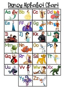 the disney alphabet chart is filled with characters