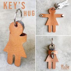 four different keychains with people on them and the words key's hug