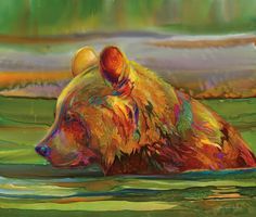 a painting of a bear swimming in the water