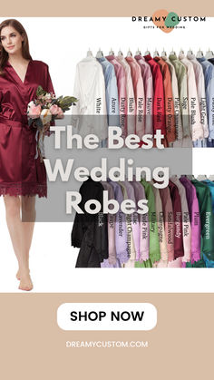 Assortment of wedding robes in various colors with a model showcasing a burgundy robe. Personalized Robes, Bridesmaid Robes Floral, Events Management, Wedding Robes, Customized Bridesmaid Gifts, Personalized Robe, Wedding Morning, Wedding Dresses Ideas, Wedding Robe