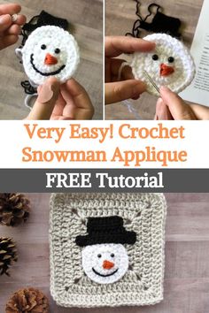 crocheted snowman applique with text overlay that says very easy crochet snowman applique free pattern