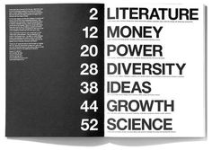 an open book with black and white text on the front cover, which reads literature money power diversity ideas growth science