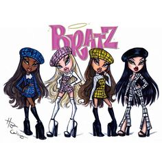 three cartoon girls wearing hats and dresses with the word bratz written on top of them