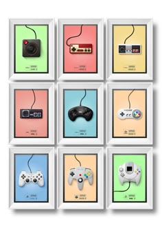 nine different colored video game controllers in square frames