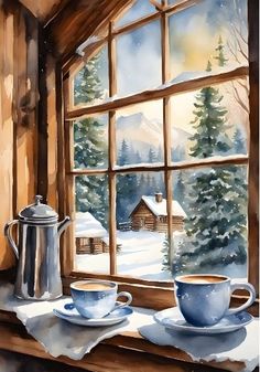 a painting of two cups on a window sill in front of a snowy cabin