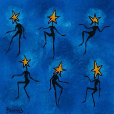 six silhouettes with stars on their heads are shown in blue and yellow colors, as well as the shape of a woman's body