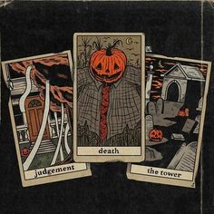 three tarot cards with pumpkins on them