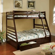 a bunk bed with drawers underneath it in a room next to a rug and potted plant