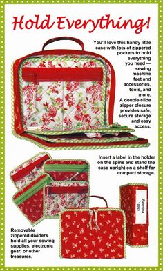 an advertisement for a red suitcase with floral designs on the front and sides, including two pieces