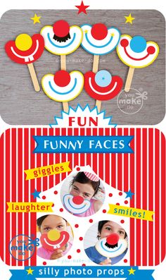 an advertisement with clown faces on it and the words fun, funny faces above them