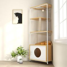 a cat house in the corner of a room with a potted plant next to it