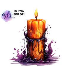 a drawing of a lit candle with purple and orange paint splattered on it