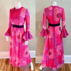 Early 1970s maxi dress with AMAZING sleeves. The dress is a large scale floral print in pink and purple with a purple velvet waistband. It is made of a nylon chiffon. The long sleeves end in ruffled cuffs that have three layers of chiffon. The skirt has two layers of chiffon and is lined. Zips up the back. Label is "Silvana's" Excellent condition  SIZE : equivalent to a modern Xs / Small , there is a bit of stretch to the material  Measurements : Bust : 32 - 35 Waist : 26 Hips : up to 36 Shoulde Maxi Party Dress, Large Scale Floral, Ruffle Bell Sleeve, Floral Print Chiffon, Chiffon Maxi, Purple Velvet, Maxi Dress Party, Print Chiffon, Dress Clothes For Women