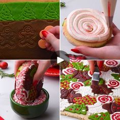 the process of decorating christmas cookies with icing and candy canes is shown