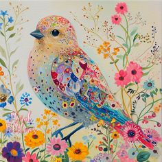 a painting of a bird sitting on top of a field of flowers and daisies