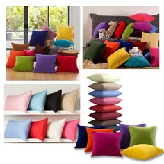 pillows are stacked on top of each other in different colors