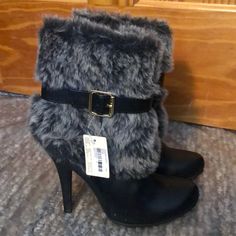 These Black Heels With Fur Have Never Been Worn With Tags Still On It! Fuzzy High Heel Boots, High Heel Boots With Fur, Fur Boot Heels, Y2k Fur Boots, Forever 21 Round Toe Heels For Night Out, Forever 21 Chic Heels With Round Toe, Chic Forever 21 Heels With Round Toe, Fur Boots Heels, 2010s Accessories