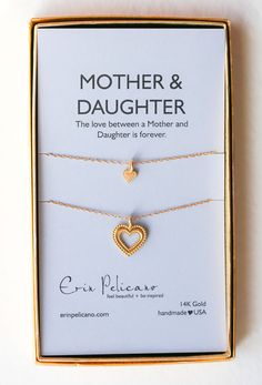 14k Gold Hearts Mother Daughter Necklaces
Fine jewelry created because every woman has a story.

Each piece of the fine collection has been designed and created as an heirloom, with fine feminine details, to wear and cherish. Your necklace will be your favorite to wear everyday. An heirloom to treasure - elegant, eternal, and all around spectacular! Order your set with necklaces to share.

Made entirely in the USA.

Necklaces arrive in a gift box, with Mother Daughter card. Note any special Mother Daughter Necklaces, Daughter Necklaces, Small Heart Necklace, Mother 3, Mother Daughter Necklace, Love For Her, Feminine Details, Mother Jewelry, Small Necklace