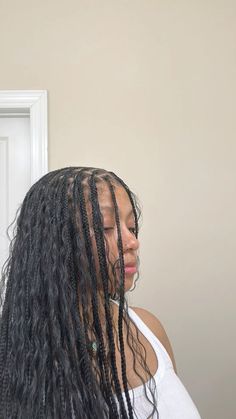 small boho knotless braids #knotlessboxbraids #braids #blackgirl #blackhairstyles #charlotte Medium Large Knotless Box Braids Curly Ends, Boho Knotless Braids Mid Back Length, Medium Knotless Braids With Boho Curls, Wavy Boho Knotless Braids, Small Knotless Hairstyles, Wavy Boho Braids, T30 Knotless Braids, Jet Black Boho Knotless Braids, Xs Knotless Braids With Curls