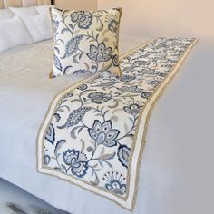 Morning Glories Decorative Bed Runner and Pillow Cover Bedsheet Embroidery, Coastal Bed, Lace Texture, Embroidered Bedding, Bed Scarf, Lit King Size, Morning Glories, Custom Pillow Covers, Bed Runner