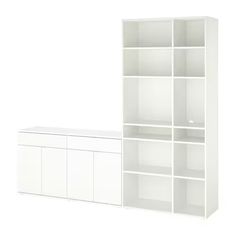 a white bookcase and cabinet against a white background