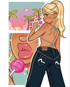 a drawing of a woman in jeans holding a lollipop