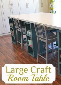 large craft room table with chairs and shelves