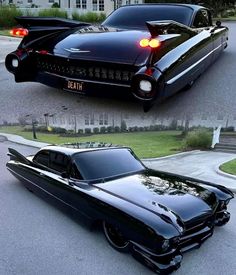 an old black car parked in front of a house with its lights on and the back end