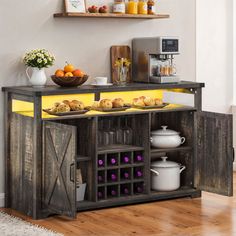 a table with some food on top of it next to a shelf filled with fruit