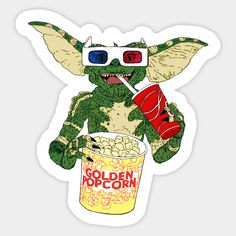 a sticker with an image of a creature wearing 3d glasses and holding a bucket of popcorn